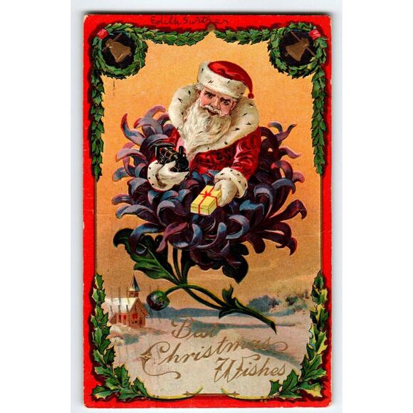 Christmas Postcard Santa Claus Inside Of Flower Bulb Fantasy 1911 Santway Emboss - Picture 1 of 2